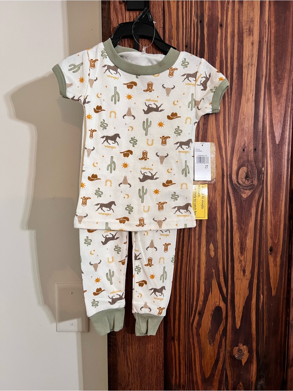Wrangler Western Print Kids Pajama Set - White with Green Trim